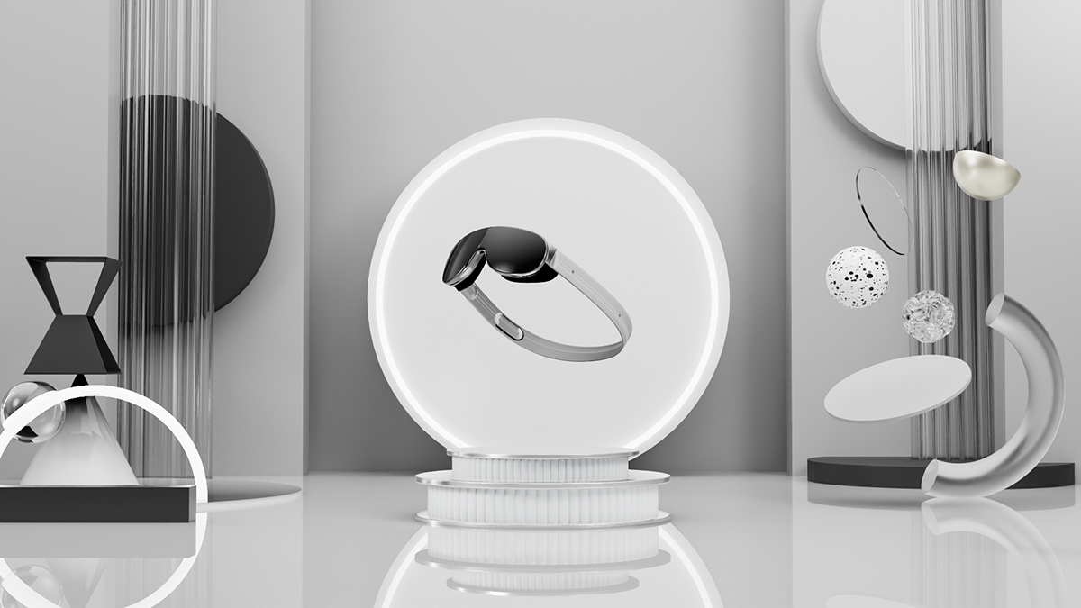 3D rendered scene with a central sphere and abstract architectural elements.