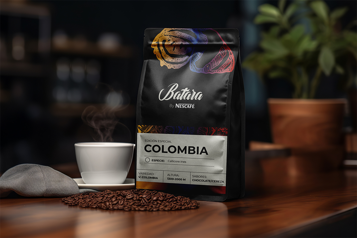 Image of a coffee bag and cup, with steam.