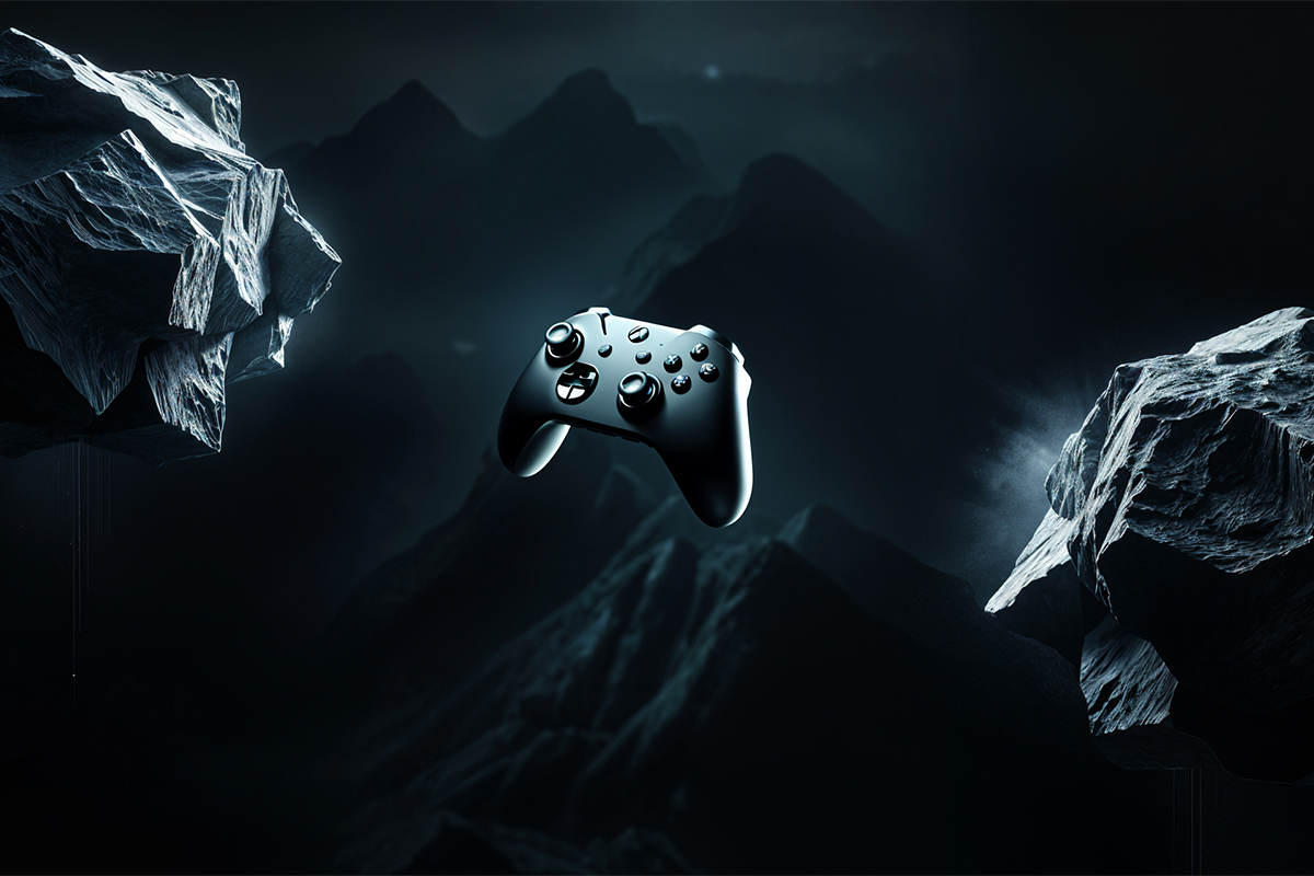 Image of a video game controller in a mountainous landscape.